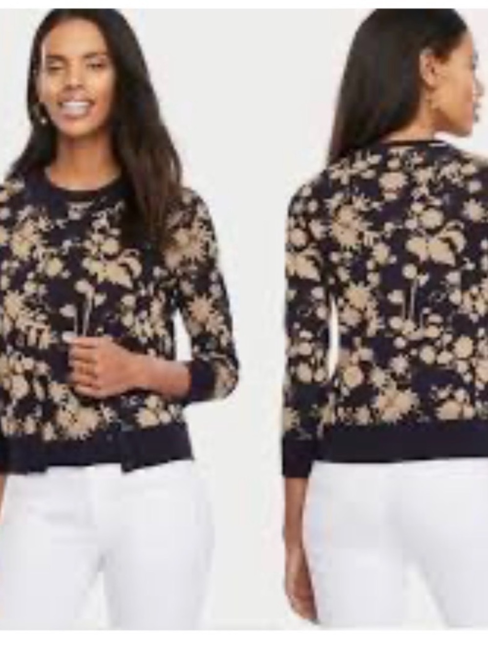 Anne Klein S blue shimmer floral preppy workwear button cardigan